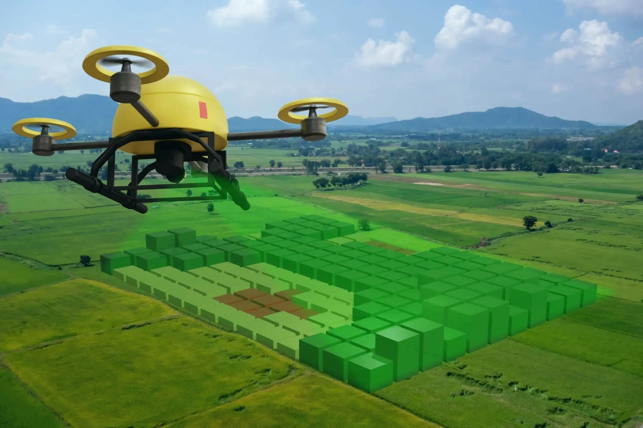 The use of Drones in various fields. Farmer field field picture from Drone. Smart Farming digitization. Field like